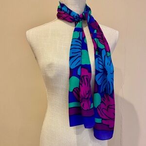 60s Silk Scarf Vivid Vintage Floral Blue Purple Raspberry